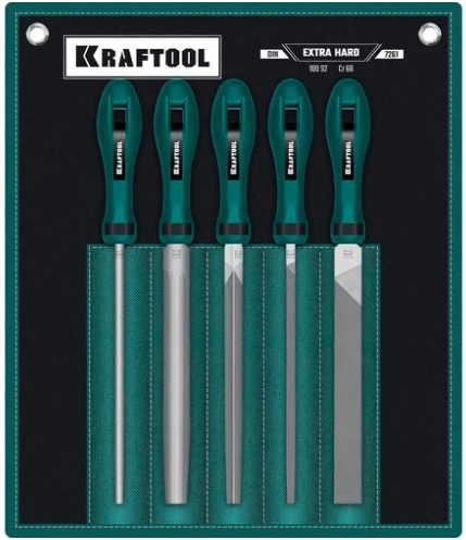 Набор напильников KRAFTOOL ALLIGATOR с двухкомпонентной ручкой, плоский, полукруглый, трехгранный, круглый, квадратный №2, 200мм